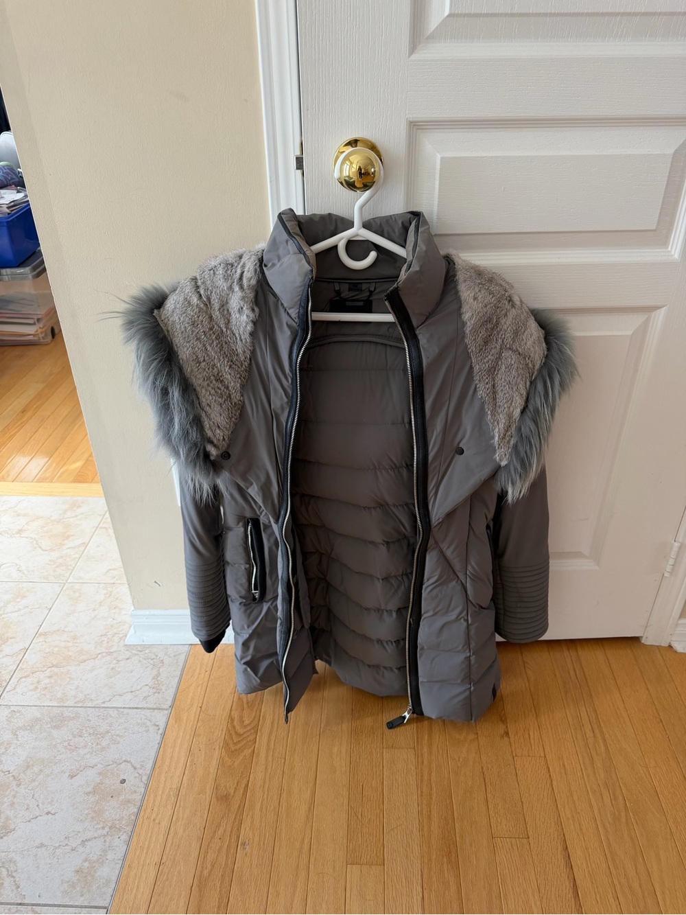 RUDSAK Gray Quilted Puffer Coat with Faux Fur Hood